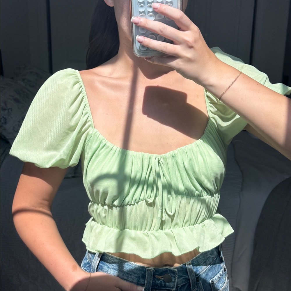 American Threads Green Puff Sleeve Crop Top